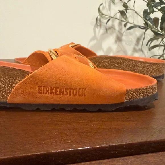 Birkenstock Madrid Big Buckle | Tan/Orange Slides with Gold Buckle - Picture 11 of 15